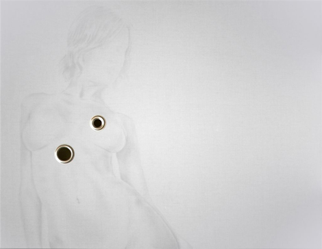 Melissa Provezza, (Un)glory holes#003, olio e occhielli di alluminio su tela, cm70x90